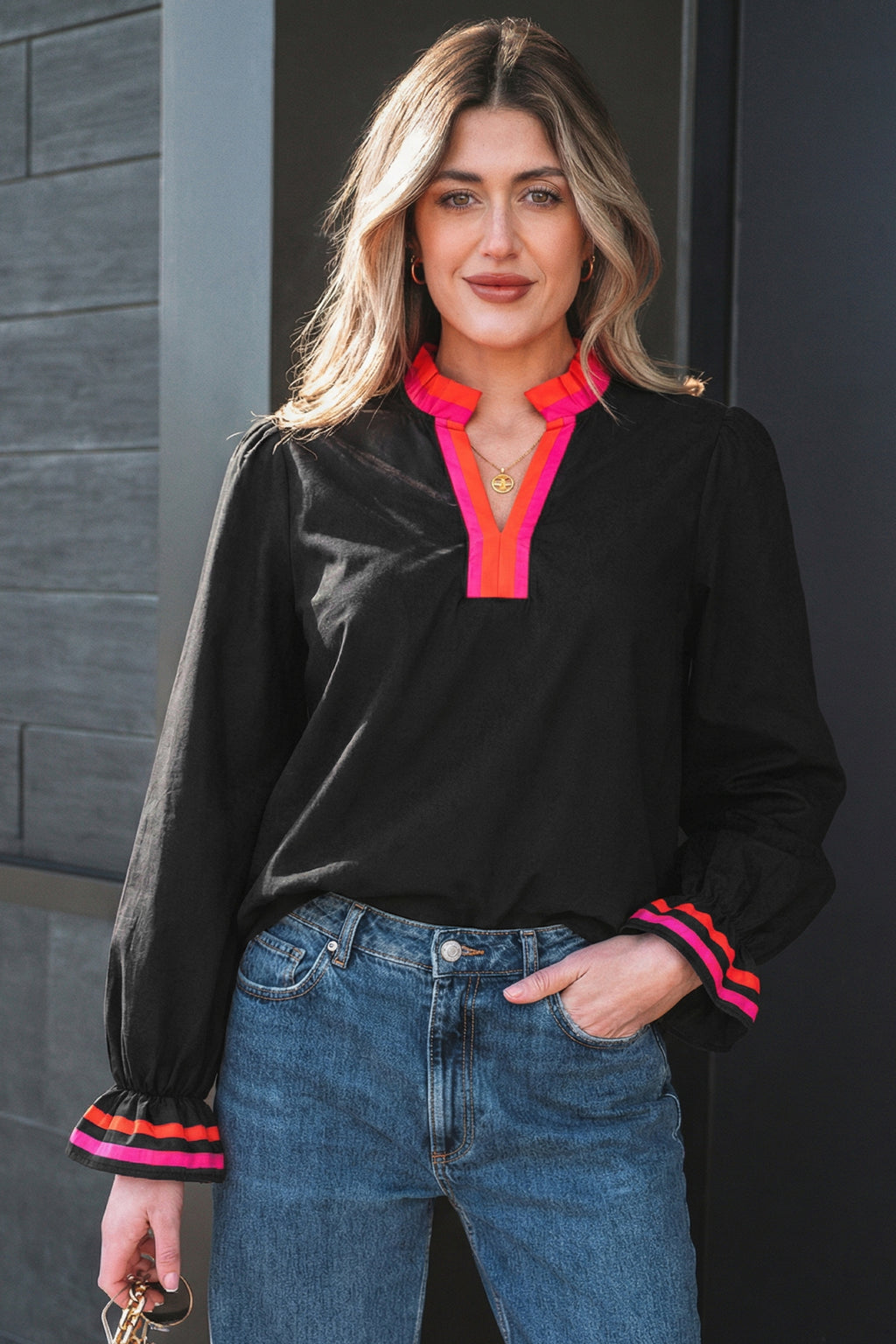 Black Striped Trim Ruffle Split Neck Long Sleeve Blouse