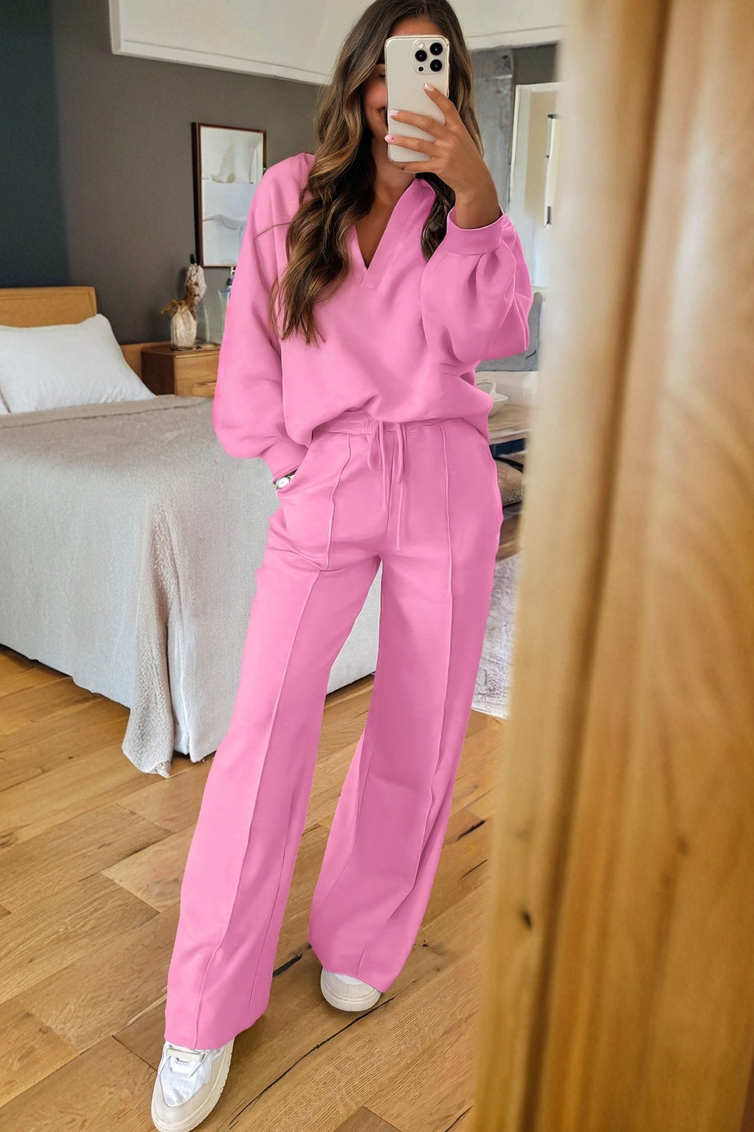 Bright Pink Polo Collar V Neck Pullover and Drawstring Sweatpants Set