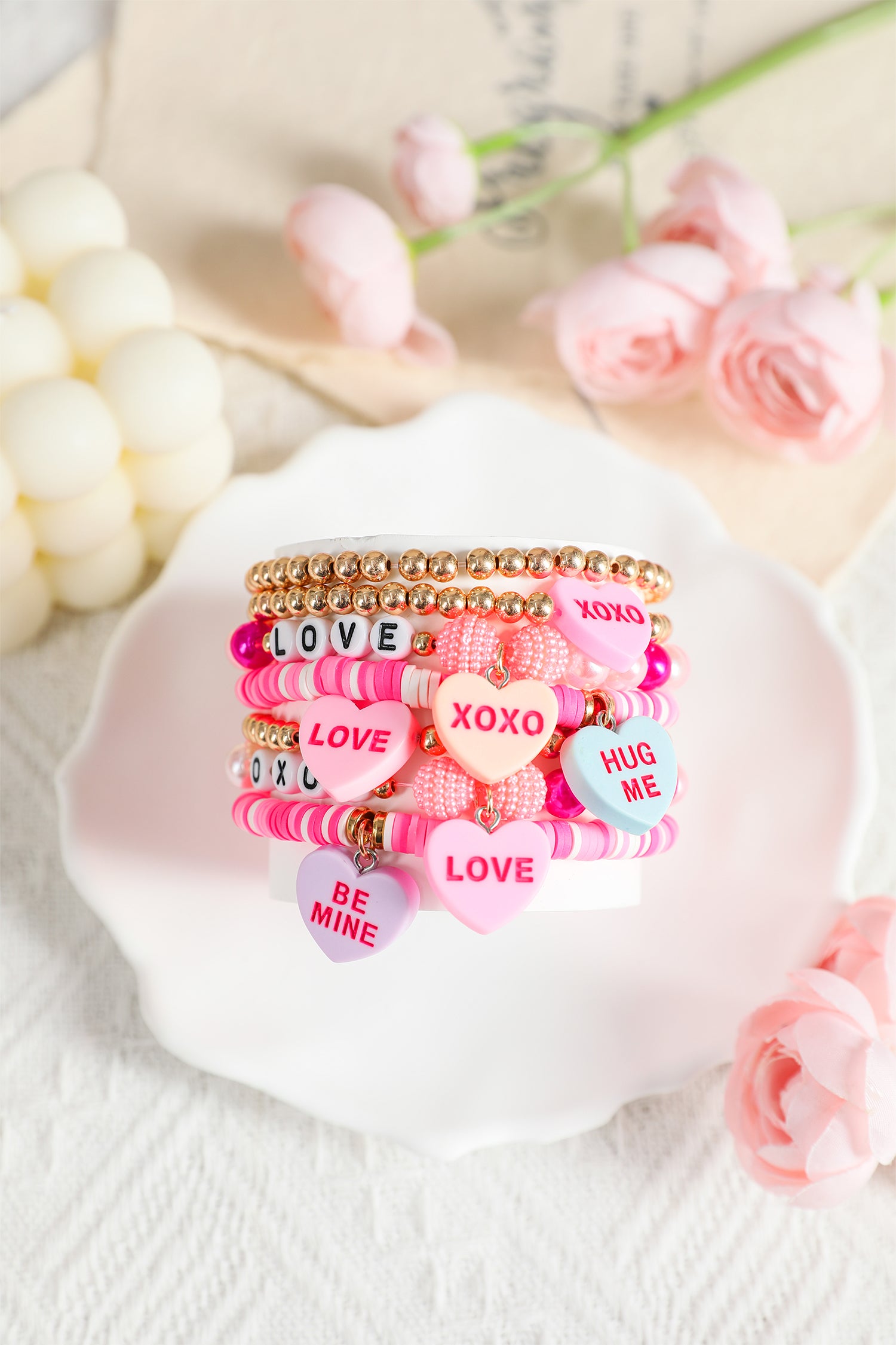 Bonbon Valentine Heart Pendant Beaded Elastic Bracelet Set