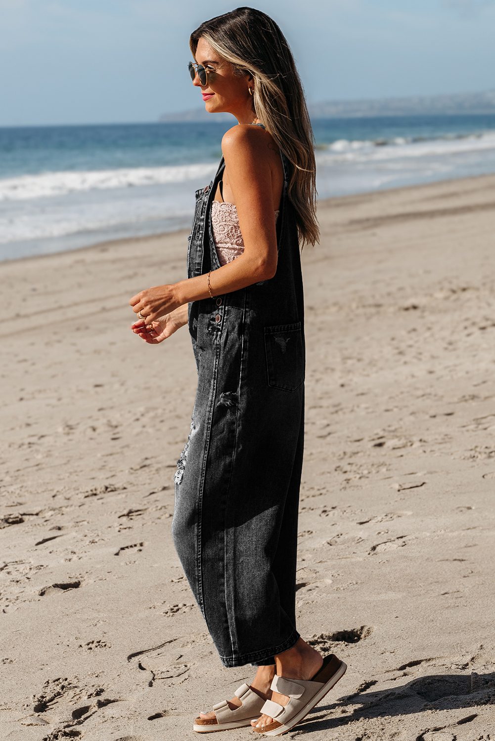 Black Distressed Bib Pocket Wide Leg Denim Overall