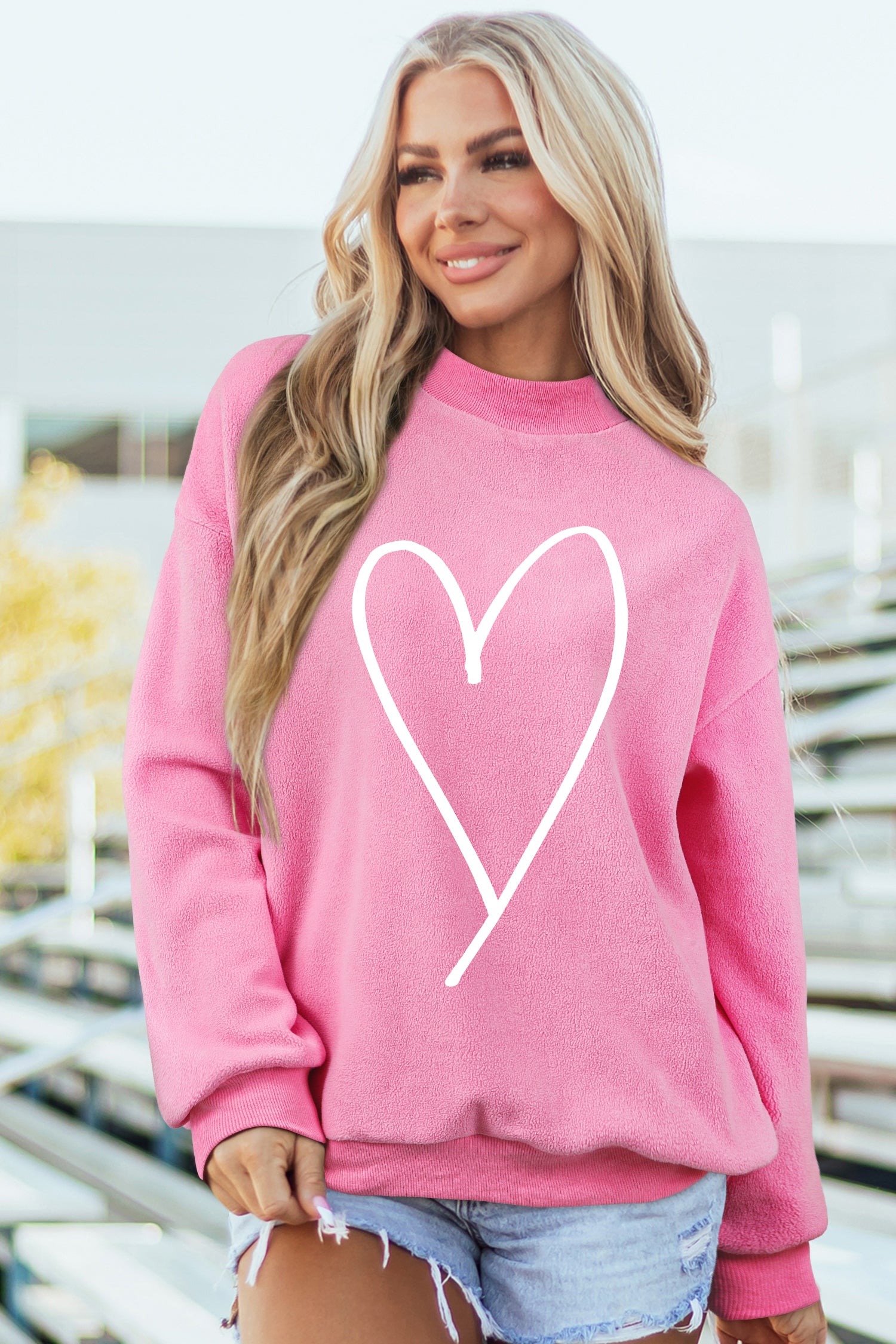Bright Pink LOVER Heart Script Reversible Print Mock Neck Sweatshirt