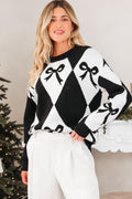 Black Bow Print 2-tone Rhombus Knit Loose Sweater