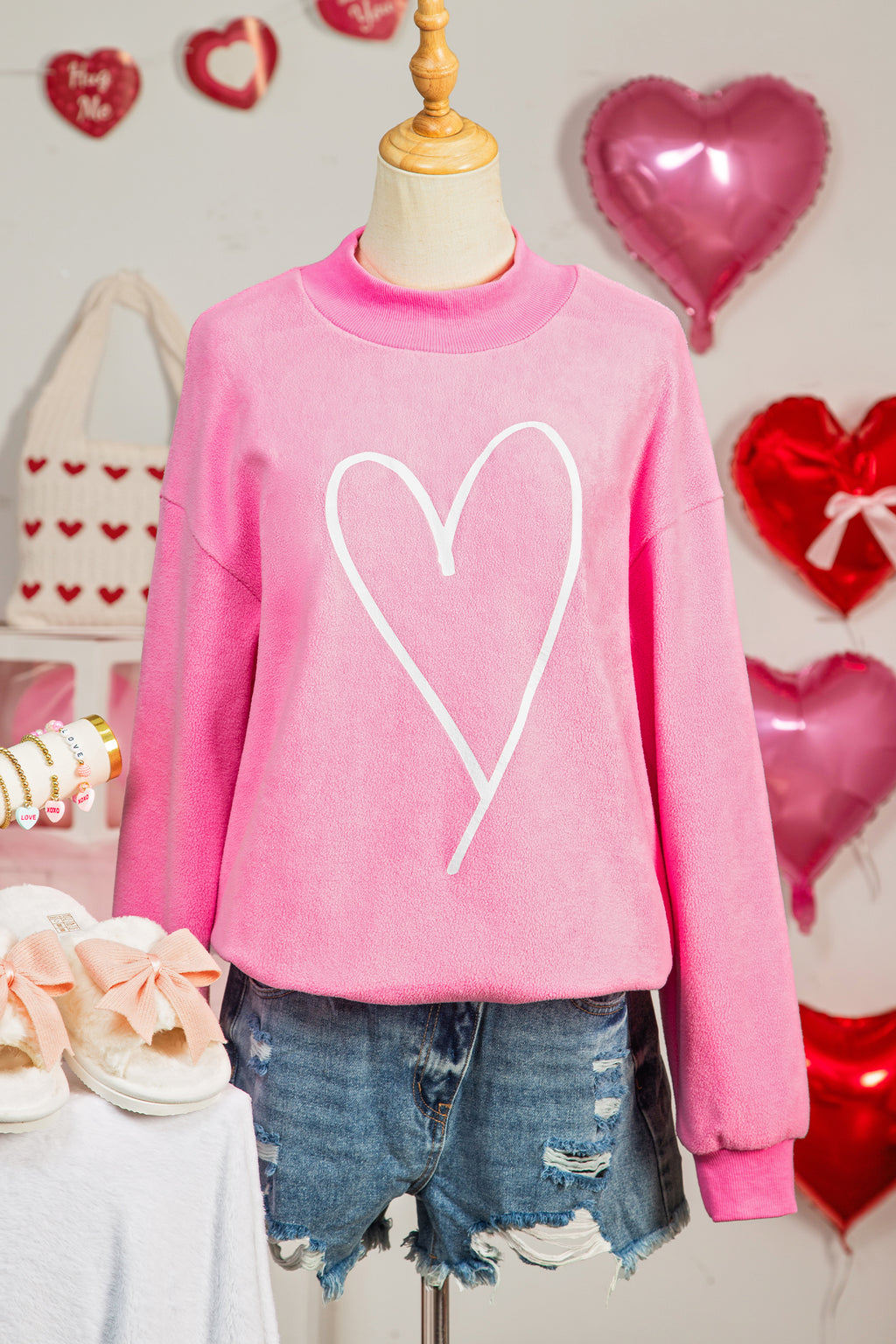 Bright Pink LOVER Heart Script Reversible Print Mock Neck Sweatshirt