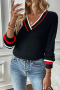 Black Contrast Striped Trim V Neck Drop Shoulder Sweater