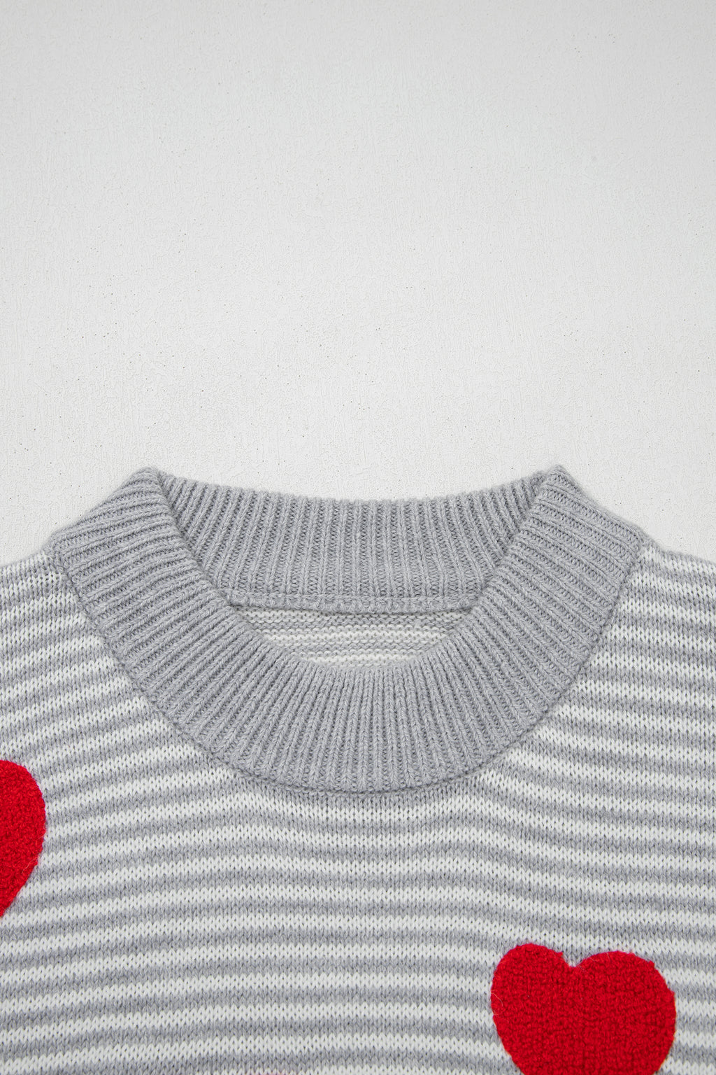 Gray Stripe Contrast Heart Pattern Valentine Knit Sweater