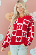Fiery Red V Neck Flower Heart Detail Checkered Knit Loose Sweater