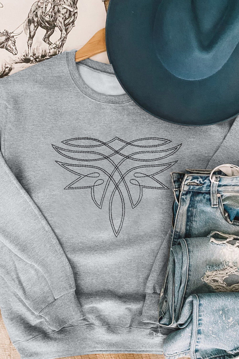 Gray Western Pattern Embroidered Drop Shoulder Pullover Top