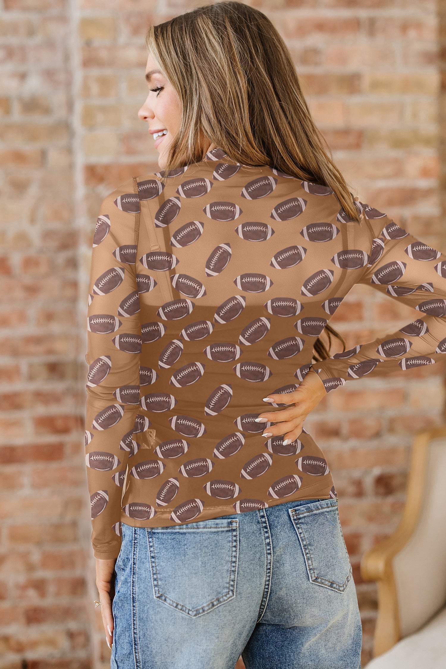 Brown Game Day Rugby Mesh Sheer Long Sleeve Top