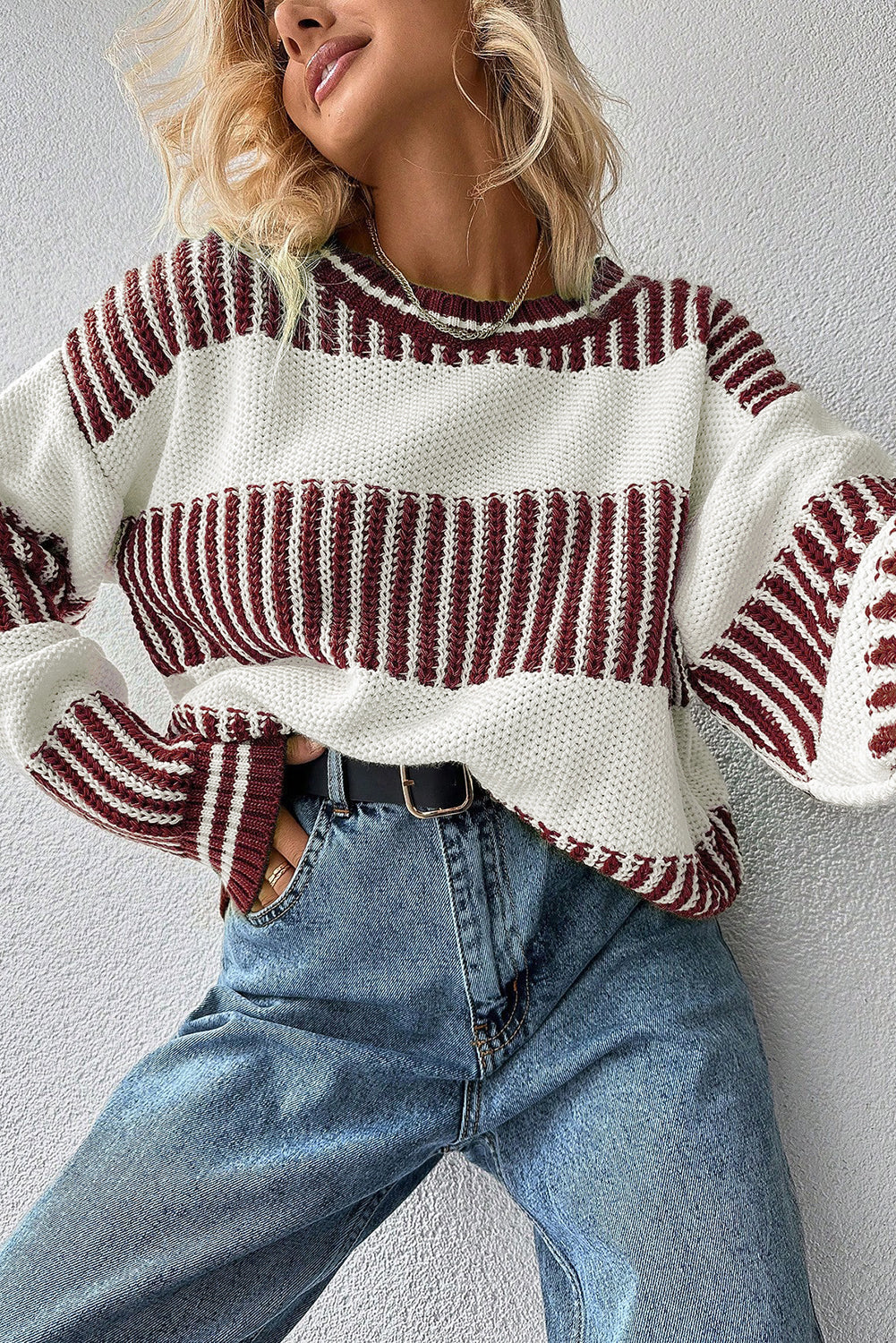 Brown Two Tone Striped Patchwork Drop Shoulder Loose Sweater