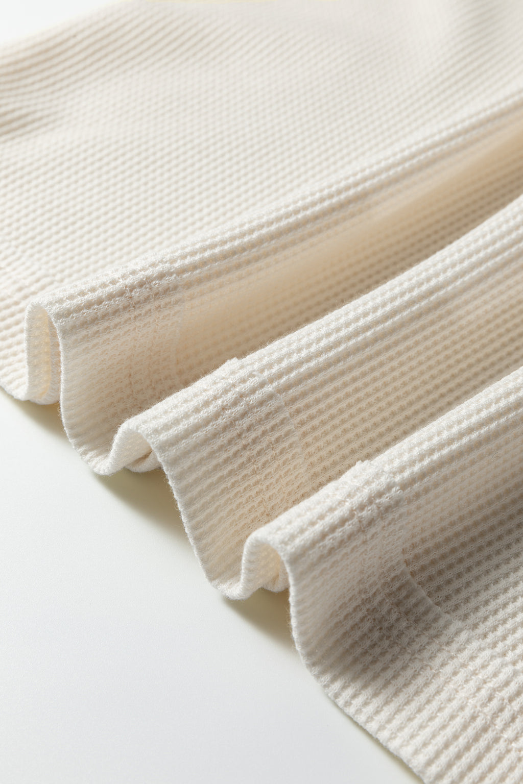 Beige Solid Color Waffle Knit Asymmetric Neck Long Sleeve Top