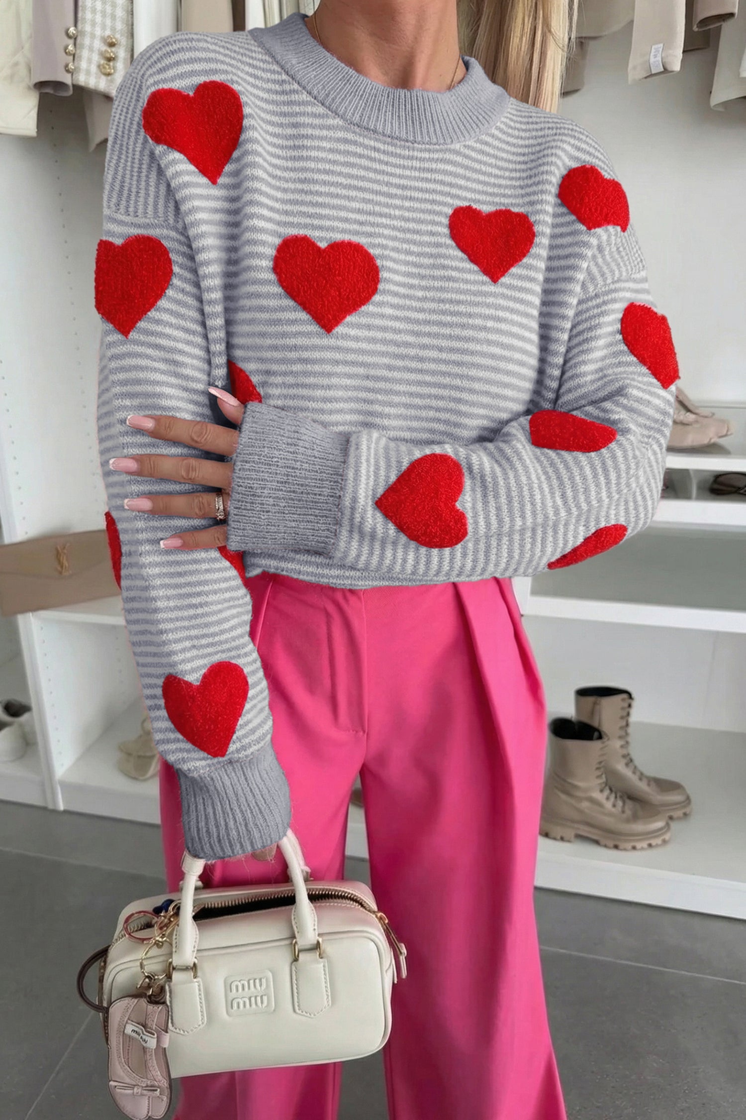 Gray Stripe Contrast Heart Pattern Valentine Knit Sweater
