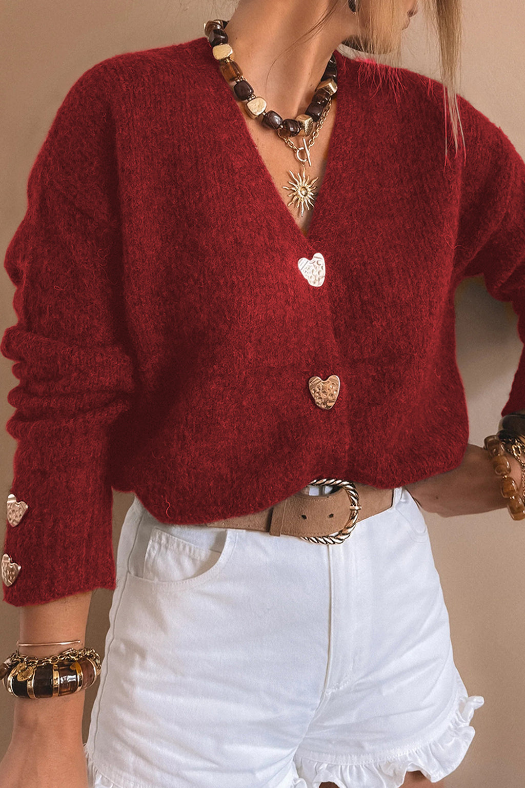 Fiery Red Heart Metal Button V Neck Cardigan Sweater