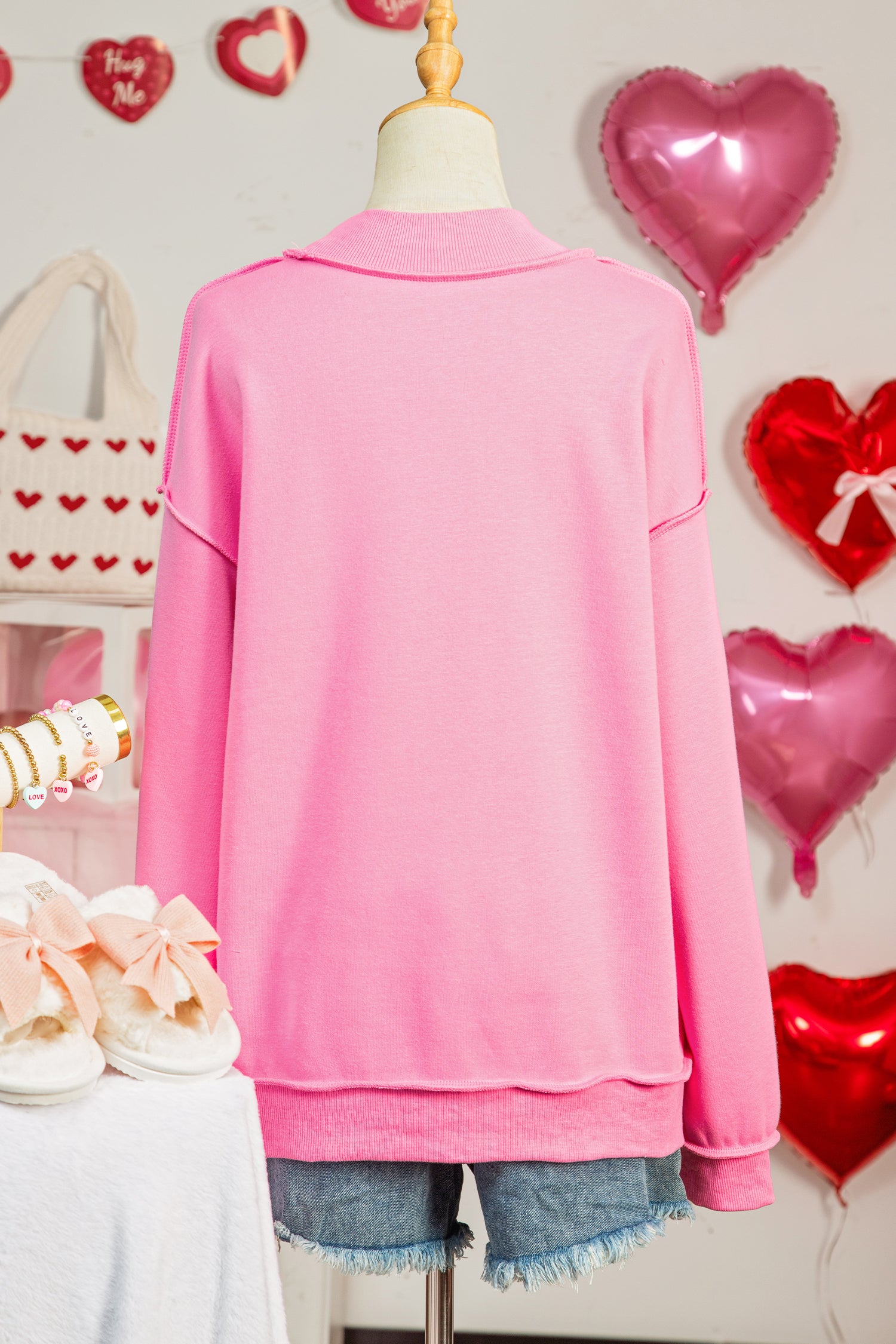 Bright Pink LOVER Heart Script Reversible Print Mock Neck Sweatshirt