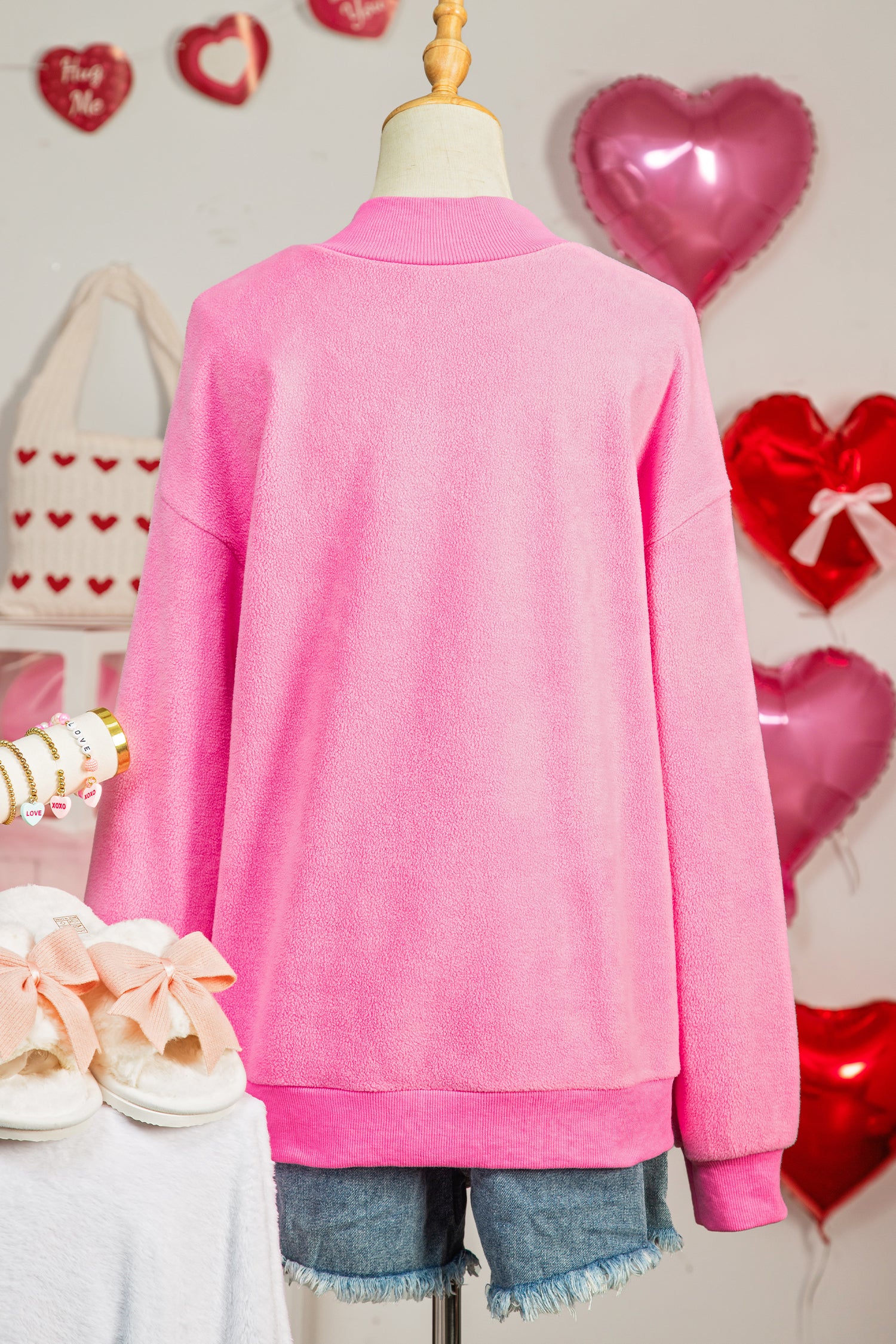 Bright Pink LOVER Heart Script Reversible Print Mock Neck Sweatshirt