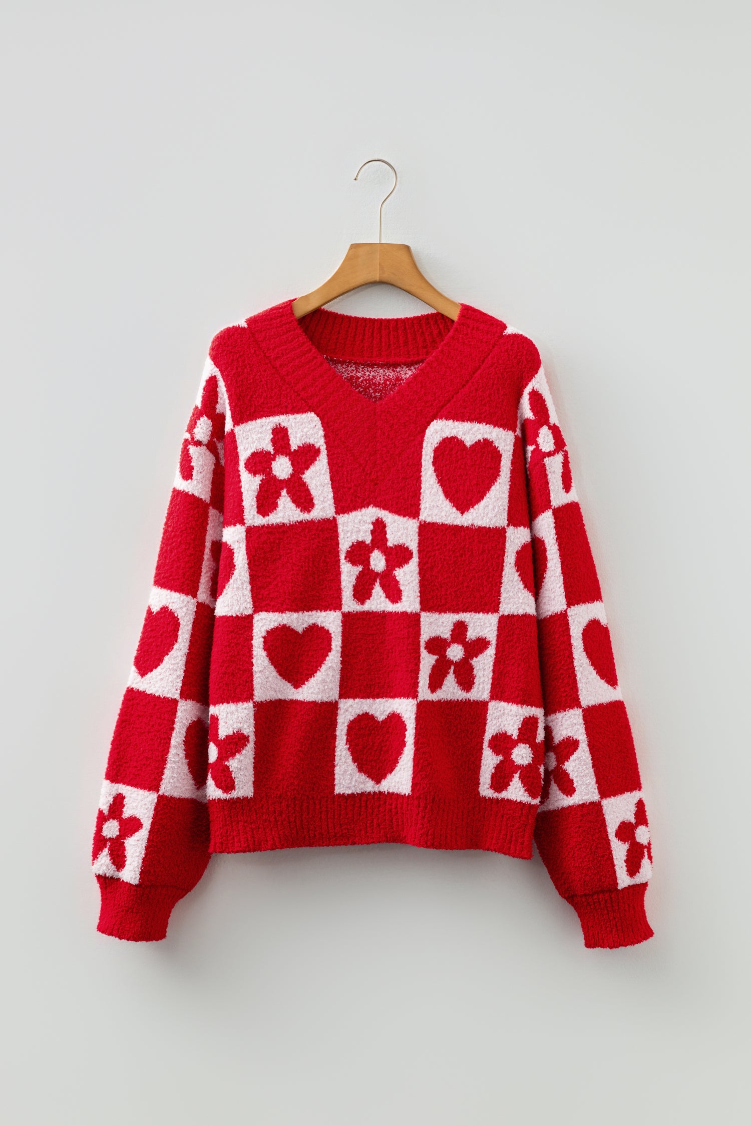 Fiery Red V Neck Flower Heart Detail Checkered Knit Loose Sweater