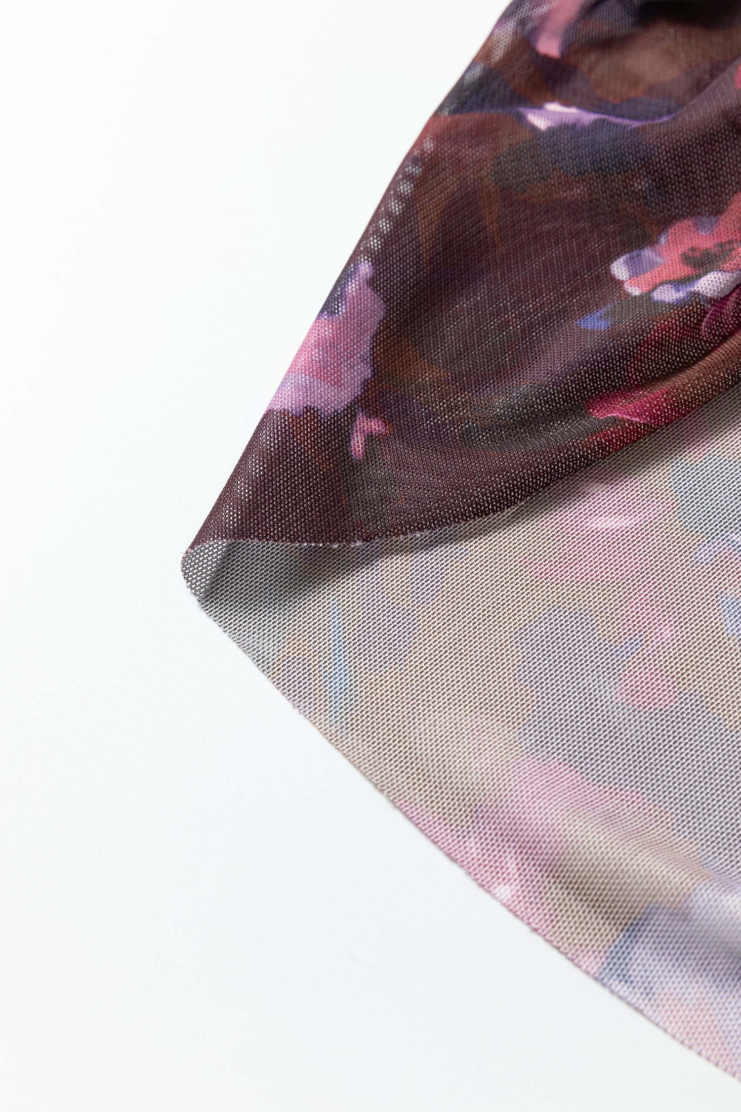 Brown High Neck Ruched Floral Mesh Top