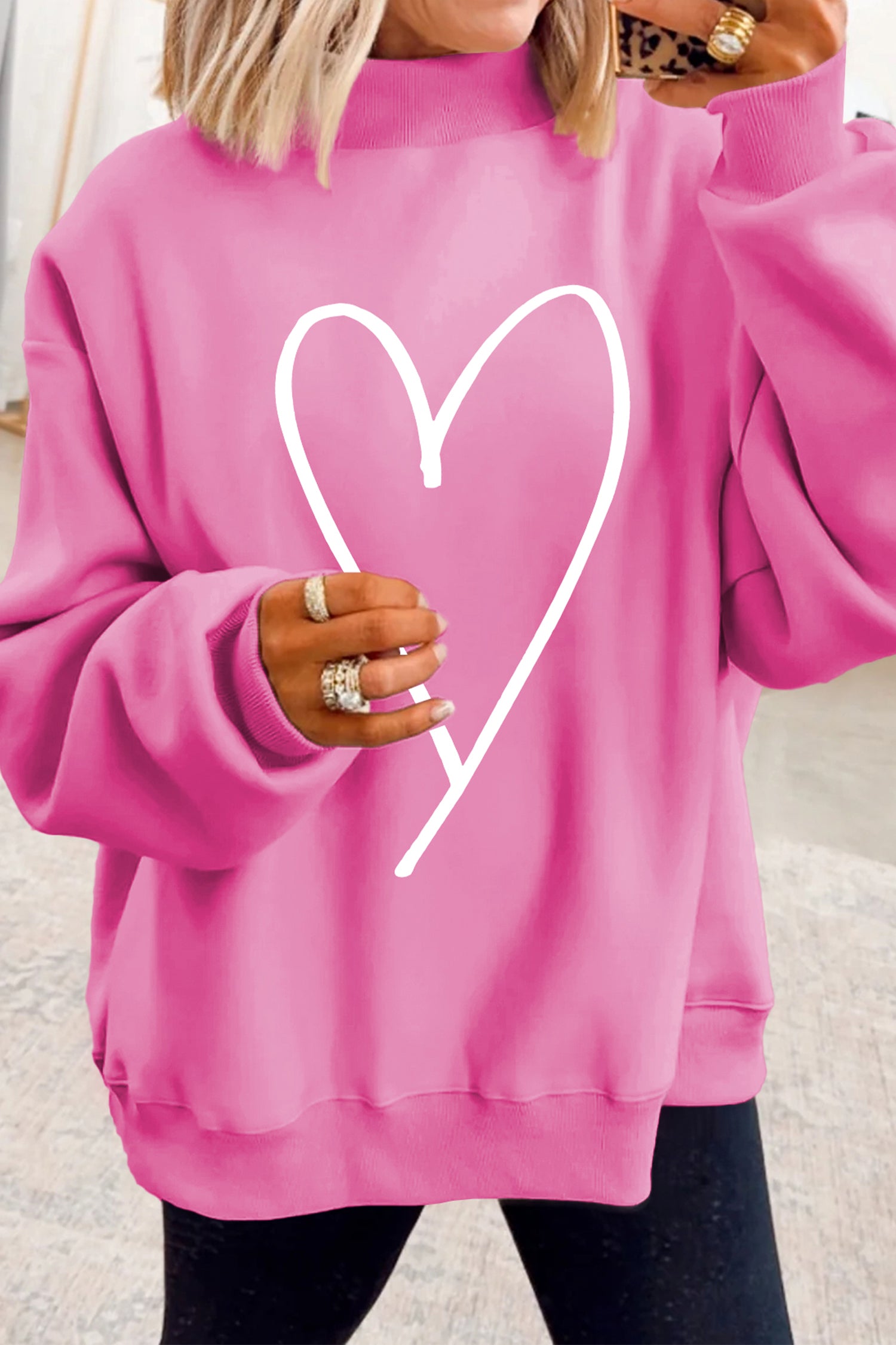Bright Pink LOVER Heart Script Reversible Print Mock Neck Sweatshirt