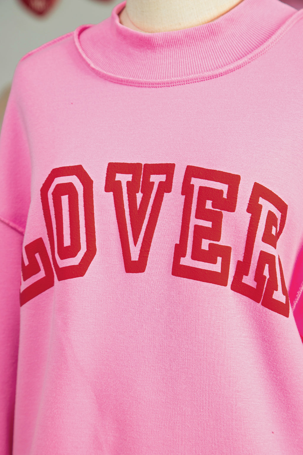 Bright Pink LOVER Heart Script Reversible Print Mock Neck Sweatshirt