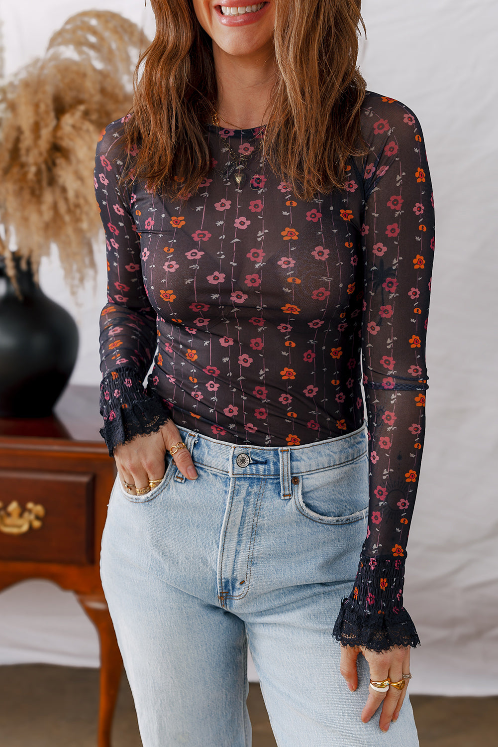 Dear Lover Black Floral Print Smocked Cuff Slim Fit Mesh Bodysuit