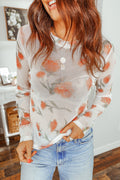 Casual Round Neck Floral Print Mesh Long Sleeve Top