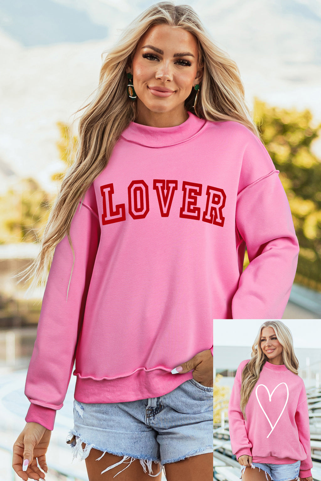 Bright Pink LOVER Heart Script Reversible Print Mock Neck Sweatshirt