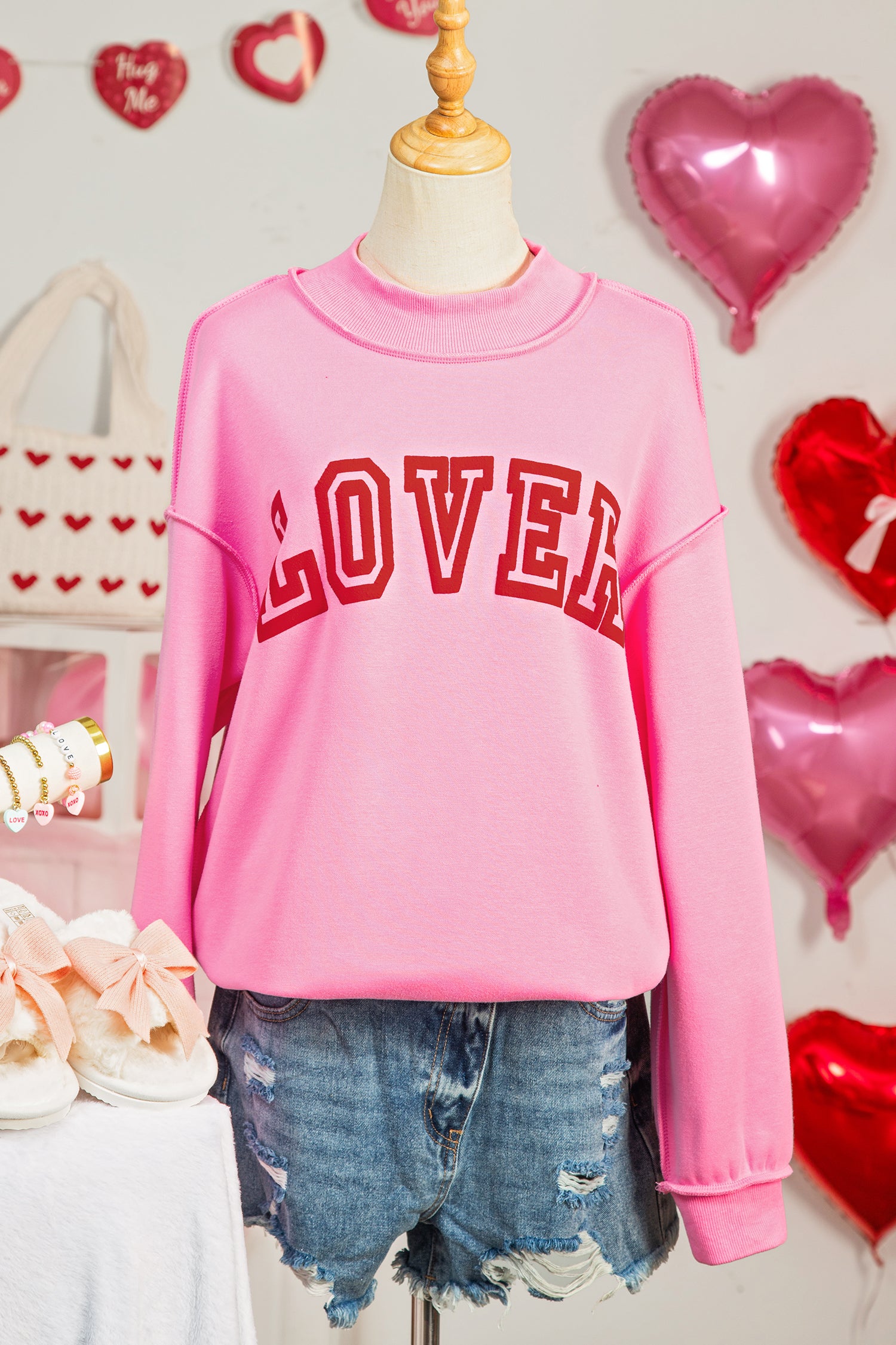 Bright Pink LOVER Heart Script Reversible Print Mock Neck Sweatshirt