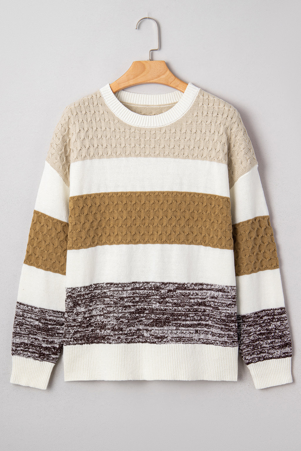 Brown Mixed Texture Knit Striped Color Block Loose Sweater
