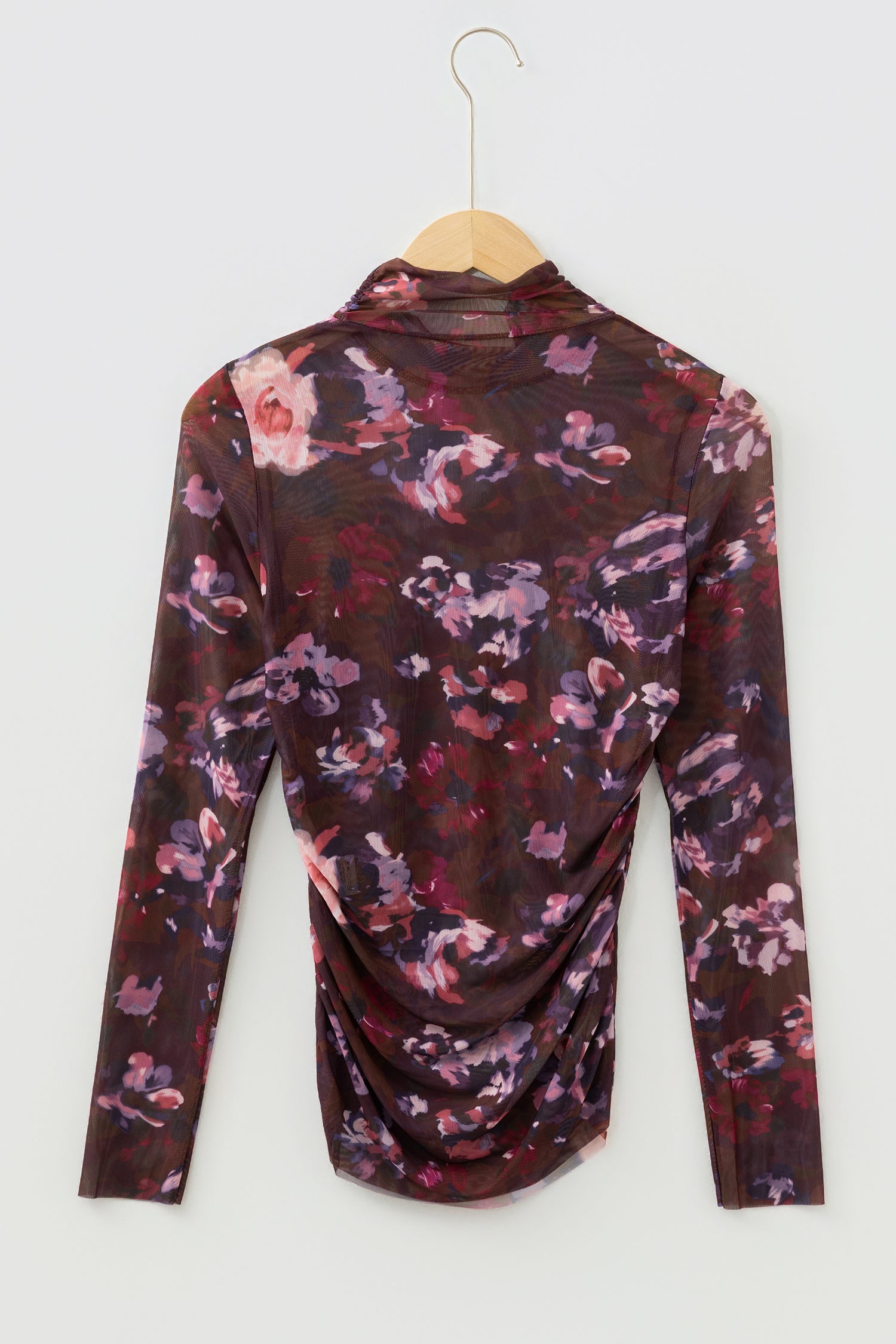 Brown High Neck Ruched Floral Mesh Top