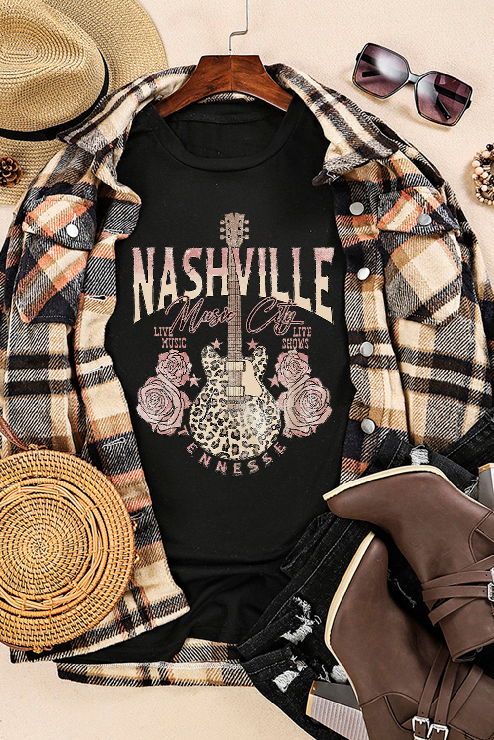 Black Nashville Music City Leopard Guitar Graphic T Shirt
