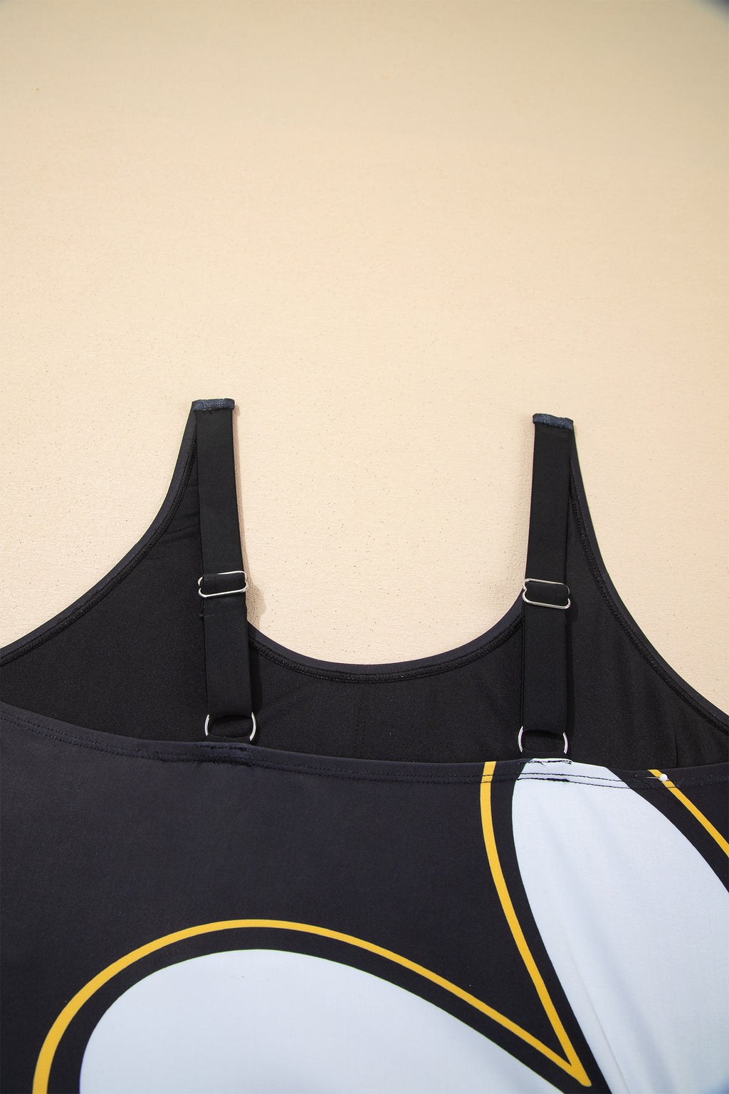 Black Drawstring Big Hole Floral Print Sleeveless One Piece Swimsuit