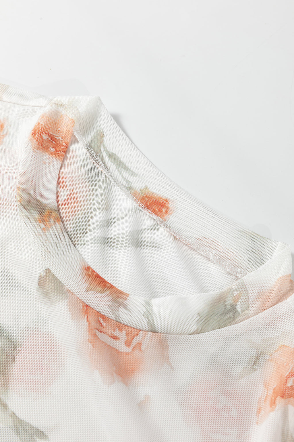 Casual Round Neck Floral Print Mesh Long Sleeve Top