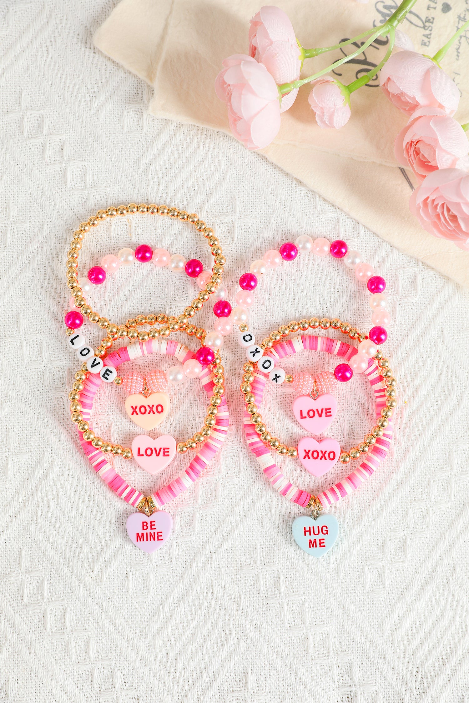 Bonbon Valentine Heart Pendant Beaded Elastic Bracelet Set