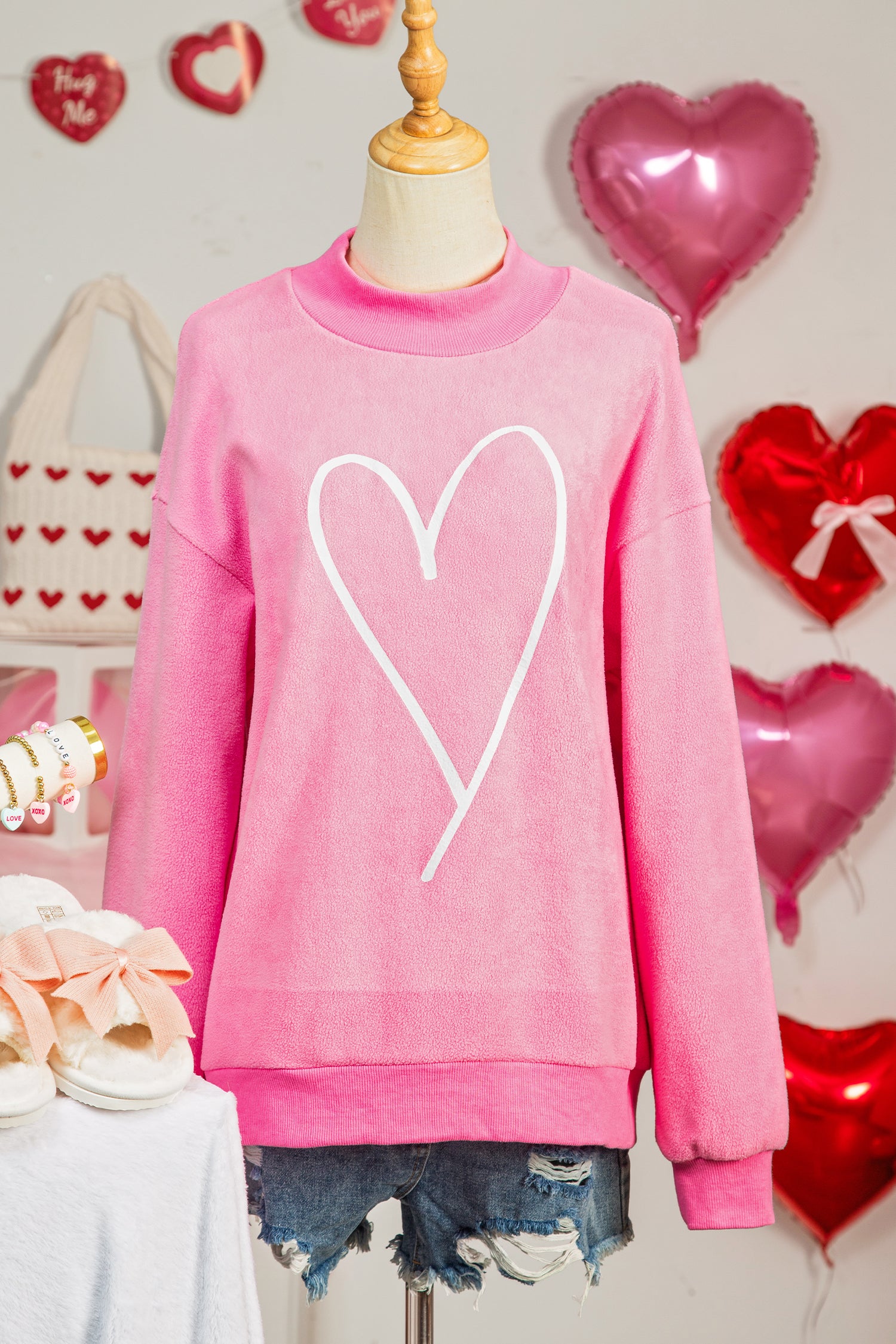 Bright Pink LOVER Heart Script Reversible Print Mock Neck Sweatshirt