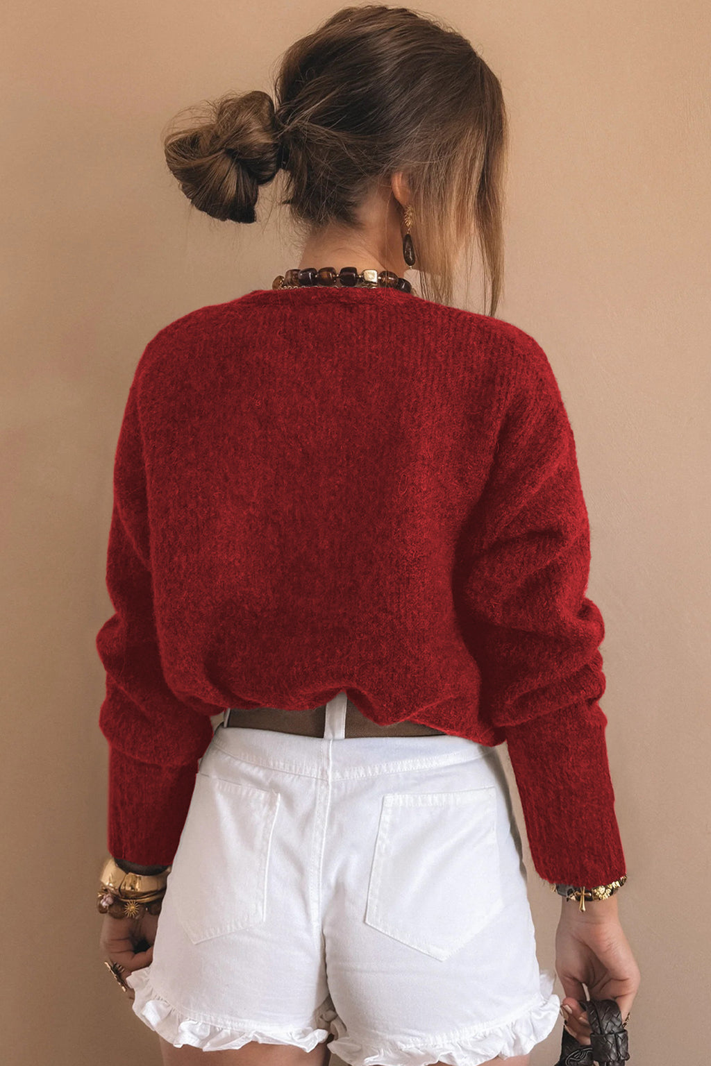 Fiery Red Heart Metal Button V Neck Cardigan Sweater