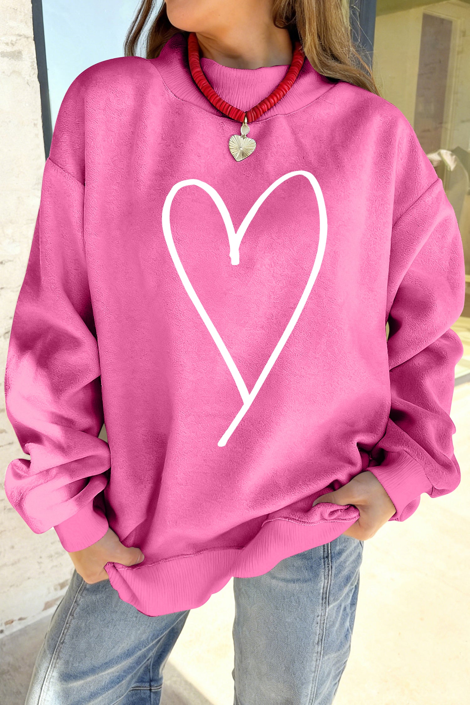 Bright Pink LOVER Heart Script Reversible Print Mock Neck Sweatshirt