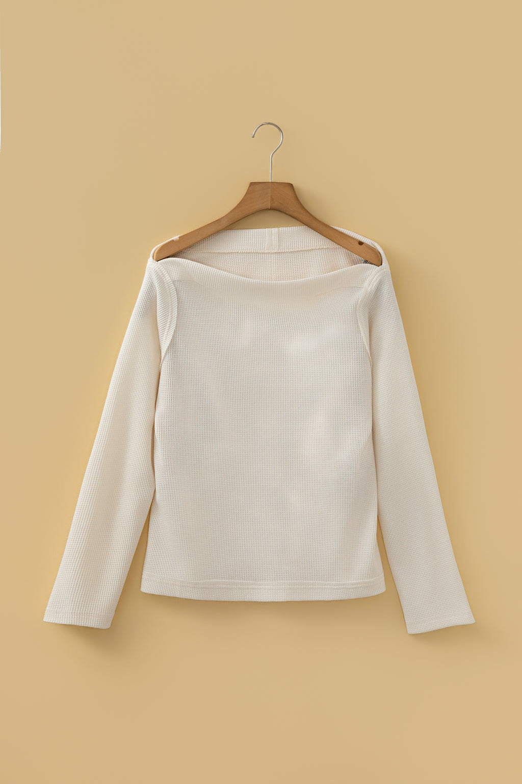 Beige Solid Color Waffle Knit Asymmetric Neck Long Sleeve Top