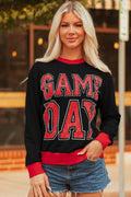 Black GAME DAY Letter Graphic Varsity Striped Detail Baggy Sweatshirt