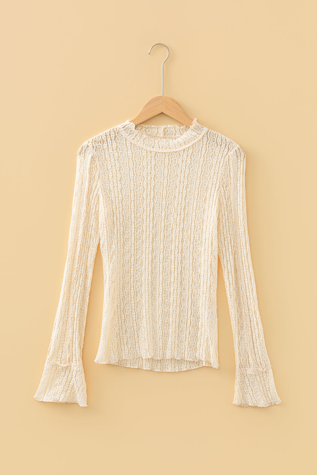 Apricot Flounced Long Sleeve Mock Neck Sheer Lace Top