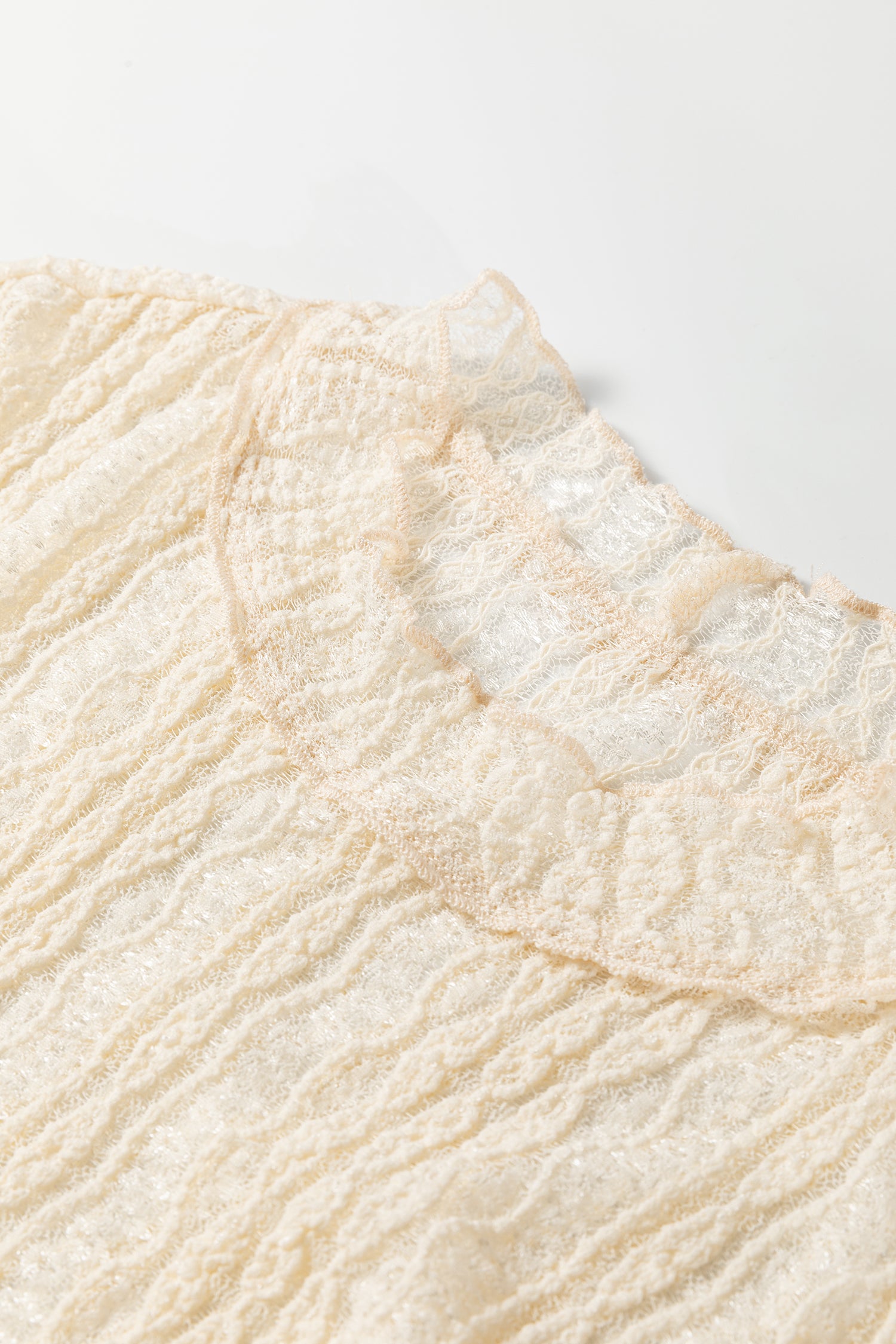 Apricot Flounced Long Sleeve Mock Neck Sheer Lace Top