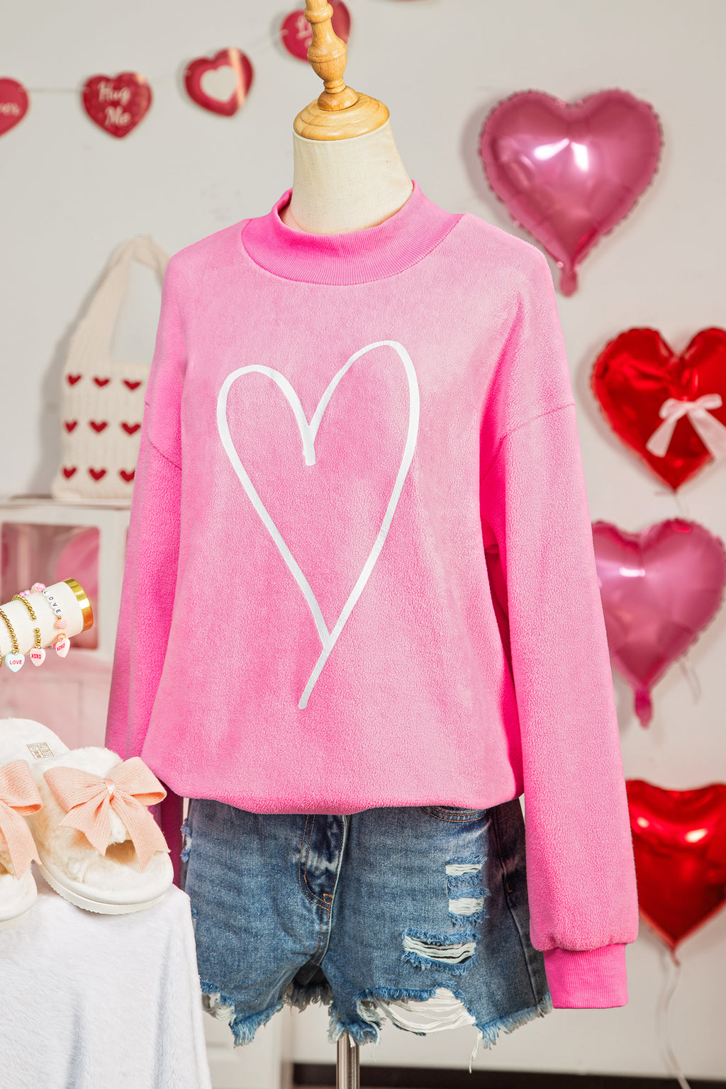 Bright Pink LOVER Heart Script Reversible Print Mock Neck Sweatshirt