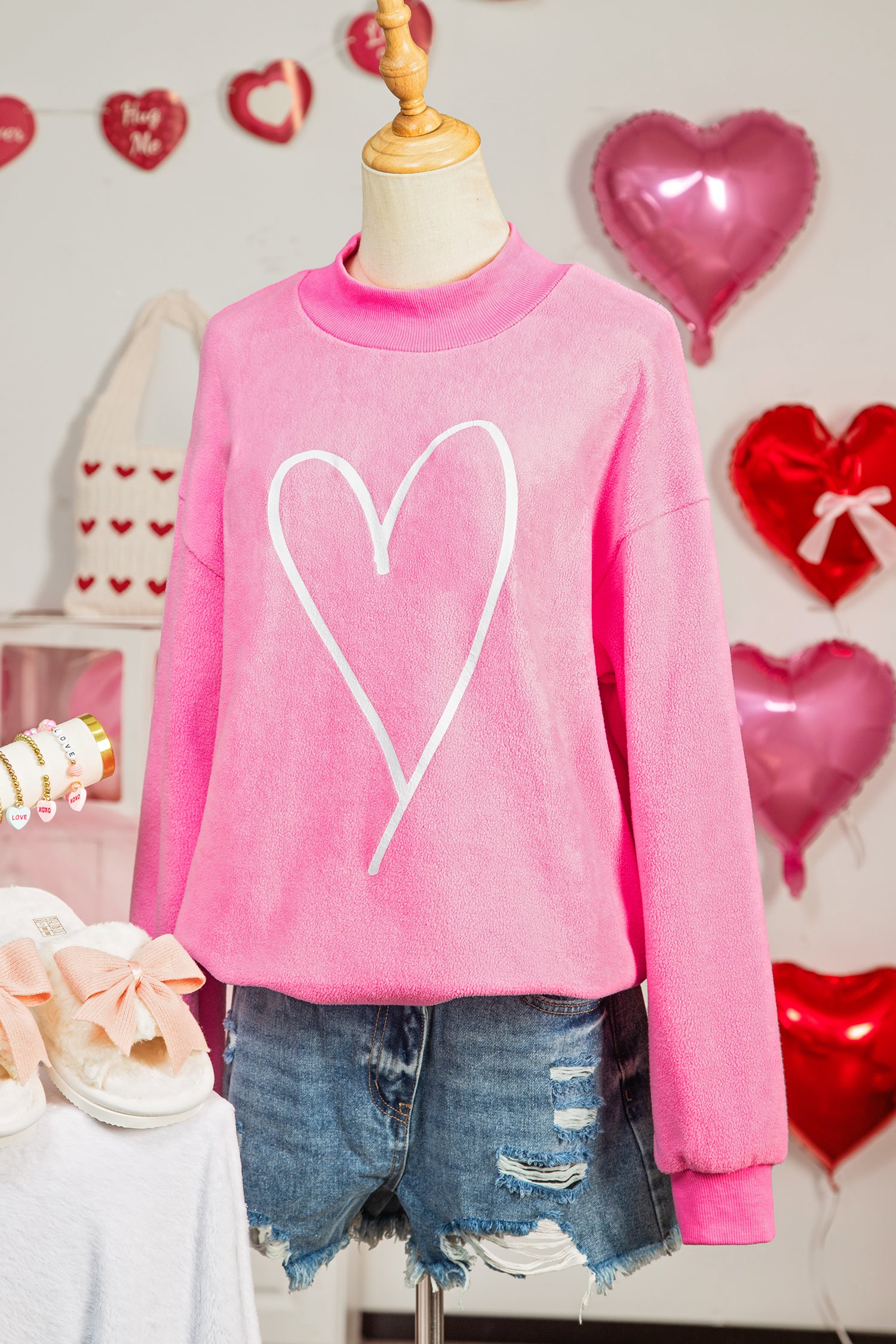 Bright Pink LOVER Heart Script Reversible Print Mock Neck Sweatshirt