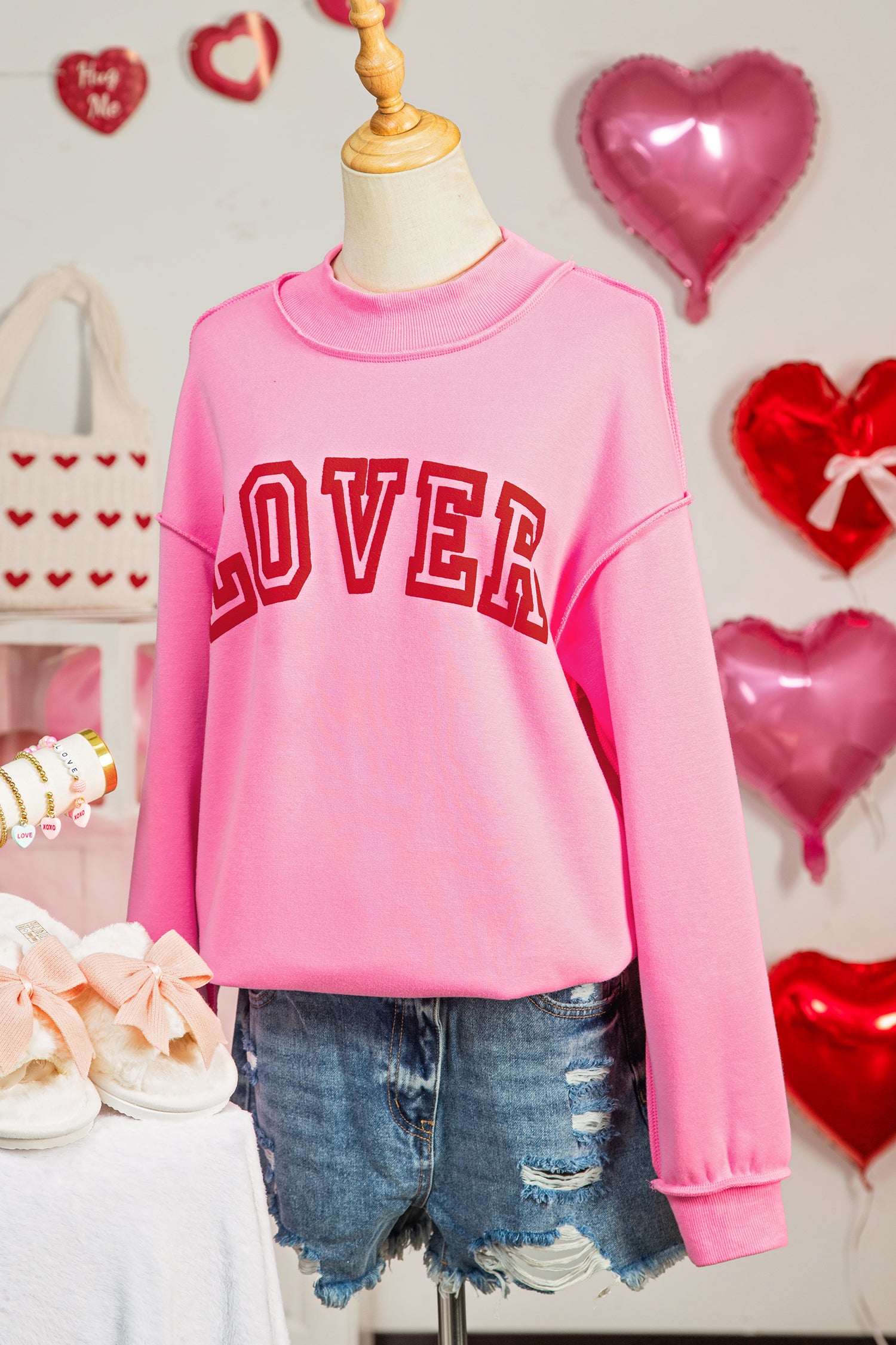 Bright Pink LOVER Heart Script Reversible Print Mock Neck Sweatshirt